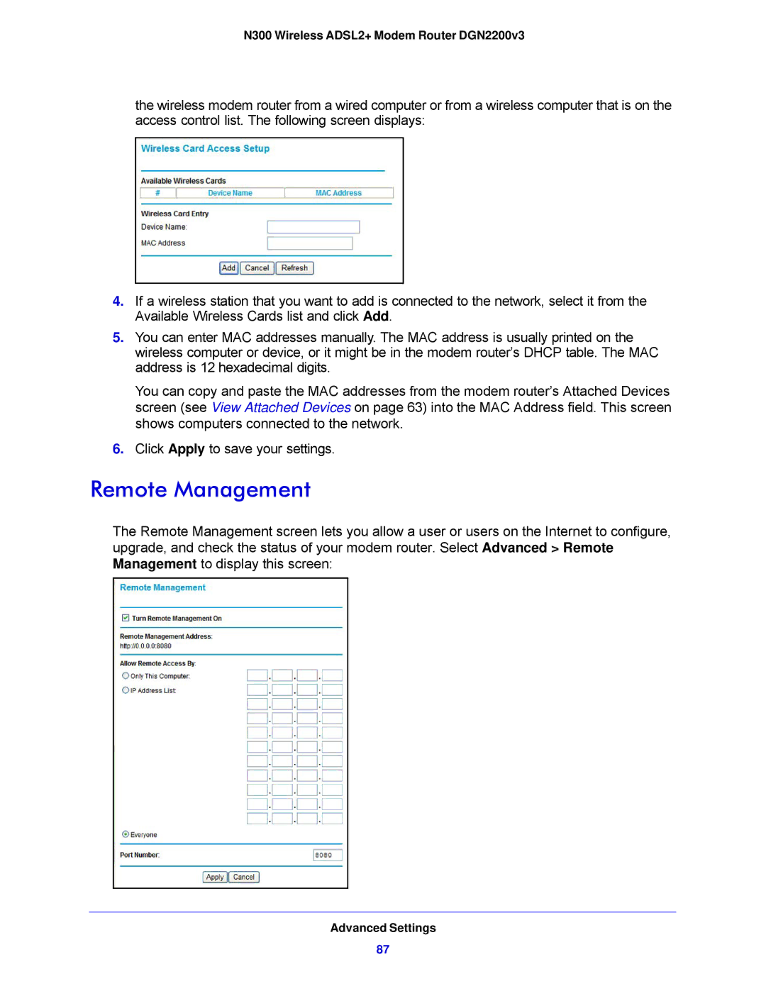 NETGEAR DGN2200V3, N300 user manual Remote Management 