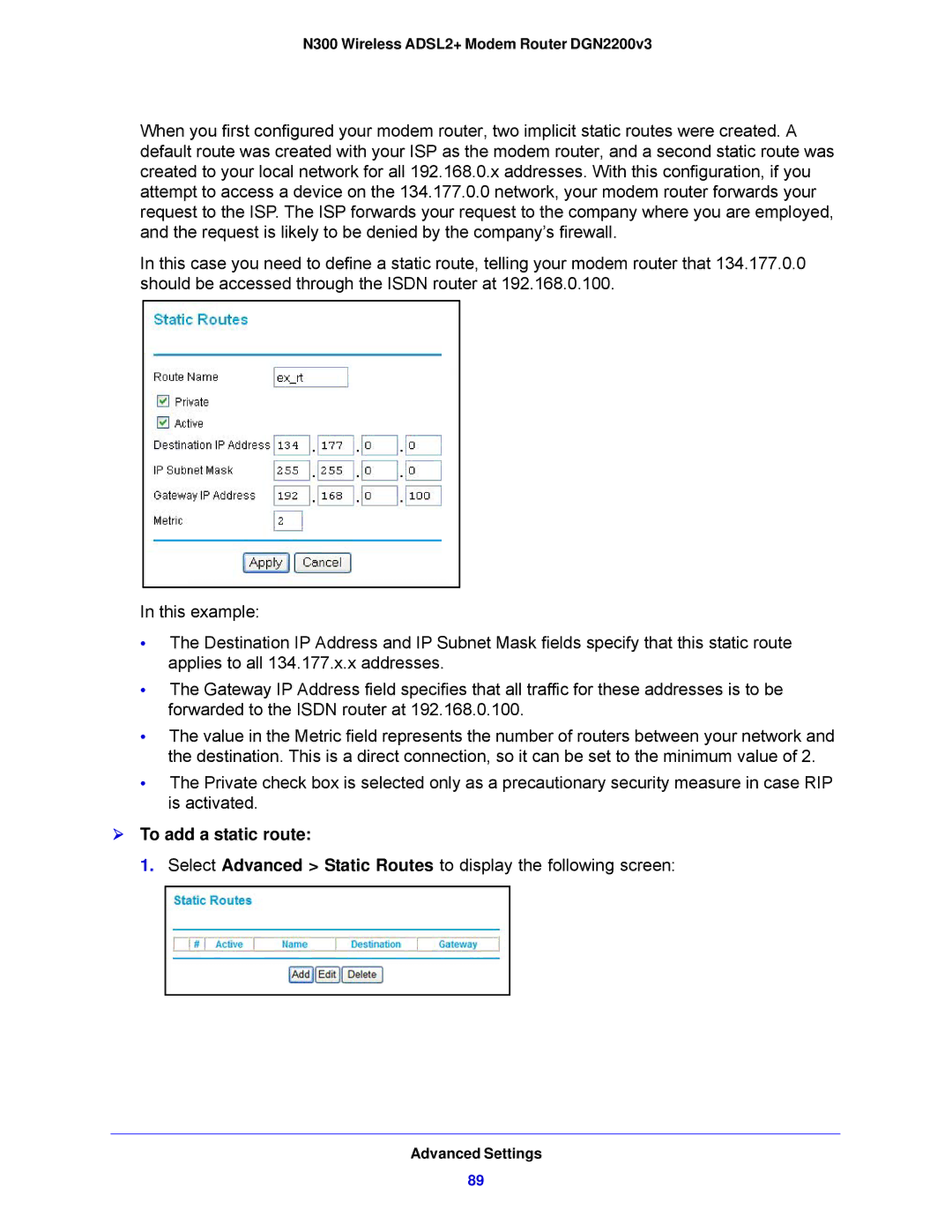 NETGEAR DGN2200V3, N300 user manual  To add a static route 