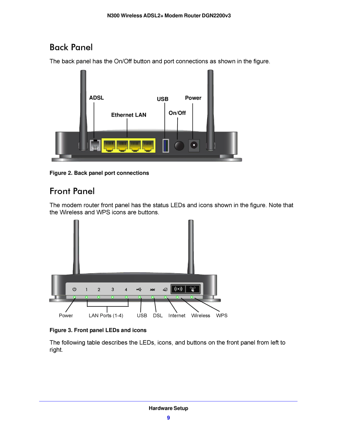 NETGEAR DGN2200V3, N300 user manual Back Panel, Front Panel 