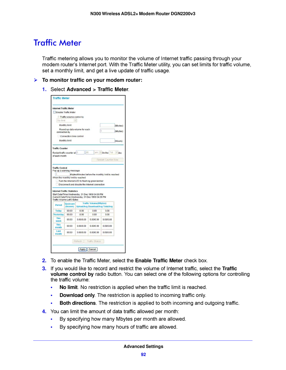 NETGEAR N300, DGN2200V3 user manual Traffic Meter 