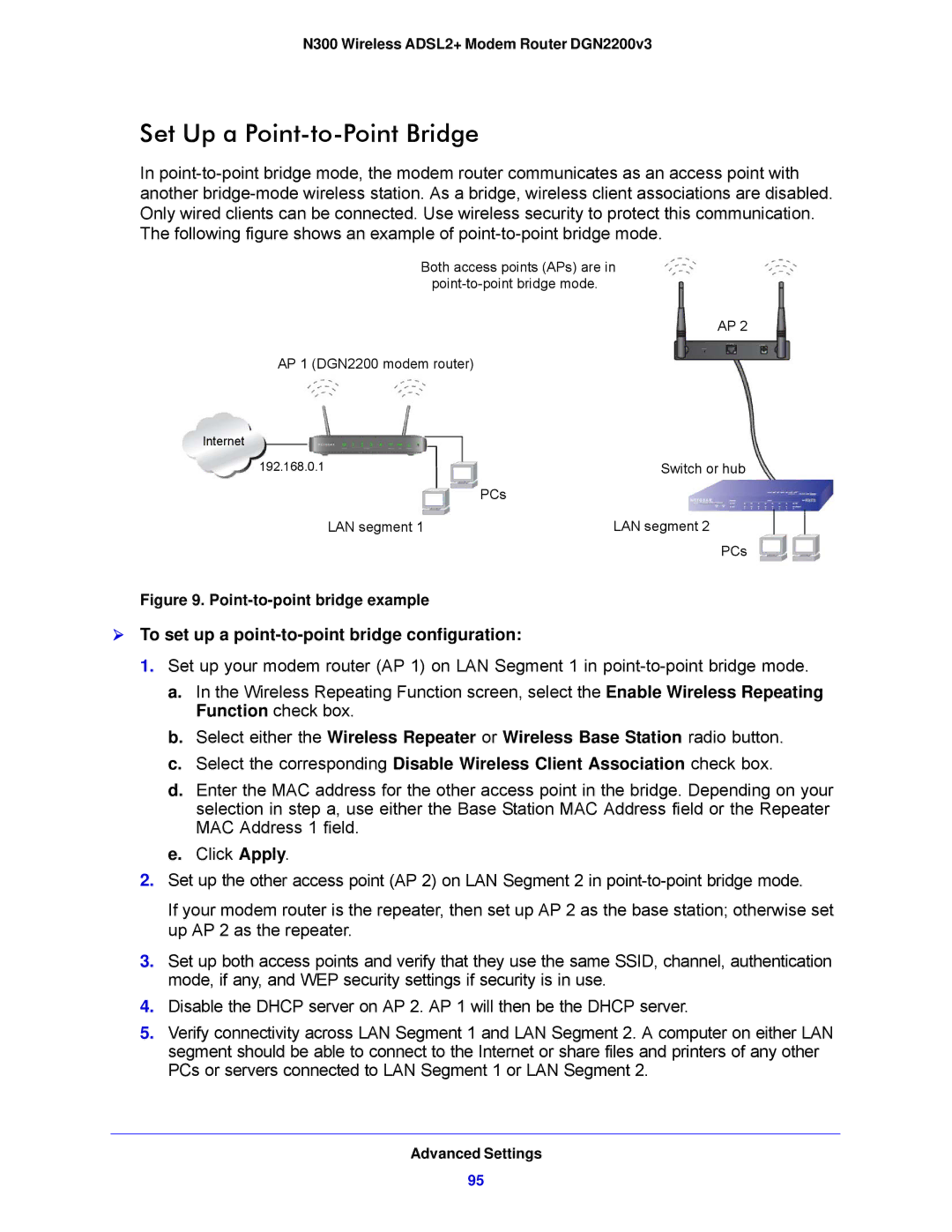 NETGEAR DGN2200V3, N300 user manual Set Up a Point-to-Point Bridge,  To set up a point-to-point bridge configuration 