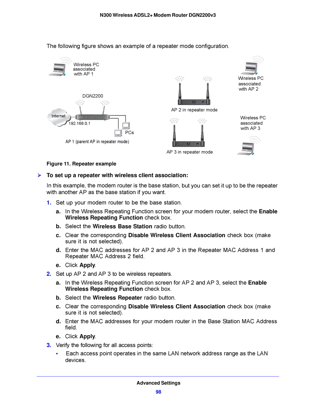 NETGEAR N300, DGN2200V3 user manual  To set up a repeater with wireless client association, Repeater example 