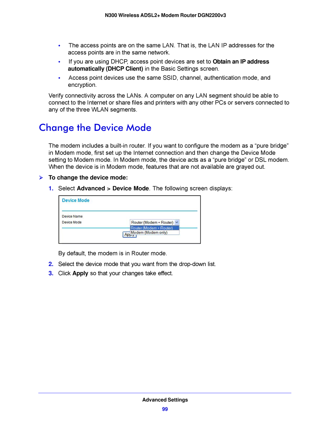 NETGEAR DGN2200V3, N300 user manual Change the Device Mode,  To change the device mode 