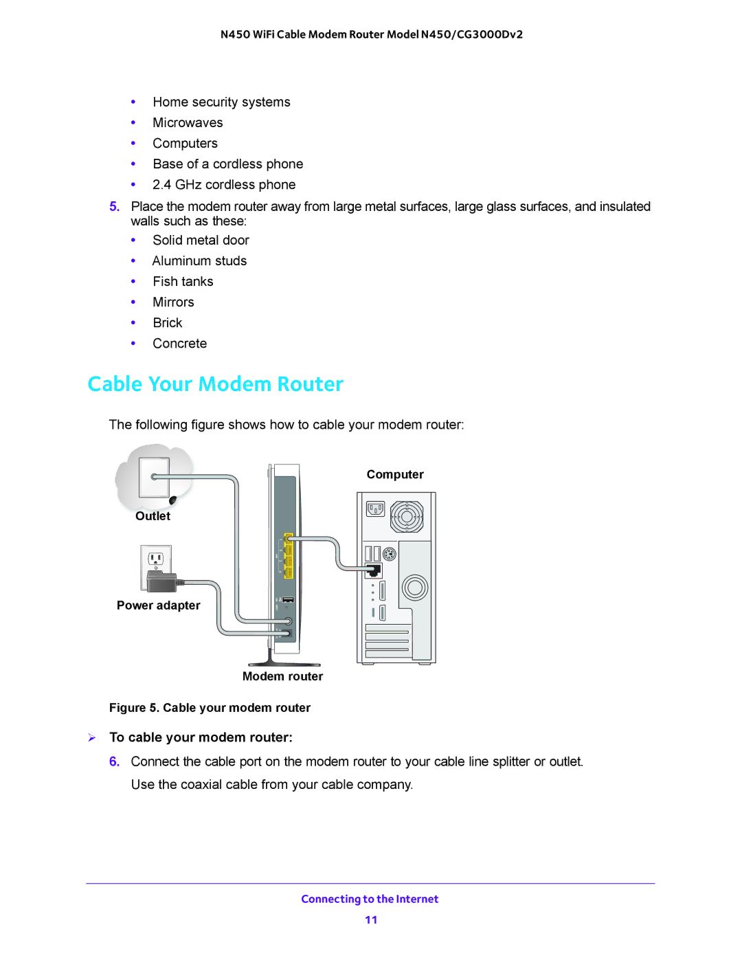 NETGEAR N450/CG3000Dv2 user manual Cable Your Modem Router,  To cable your modem router 