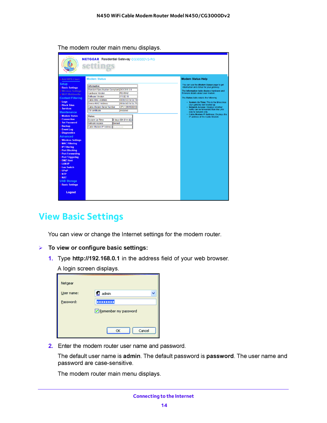 NETGEAR N450/CG3000Dv2 user manual View Basic Settings,  To view or configure basic settings 