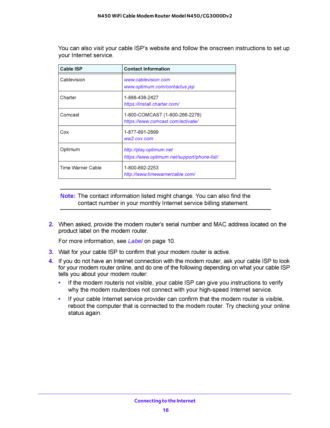 NETGEAR N450/CG3000Dv2 user manual Cable ISP Contact Information 