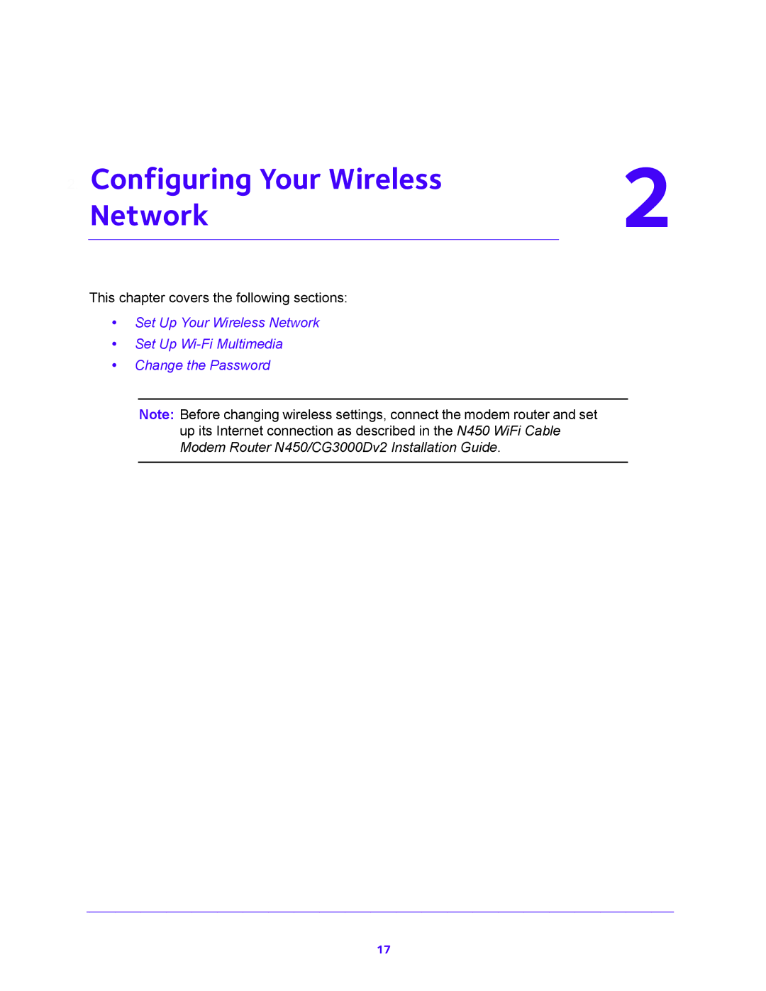 NETGEAR N450/CG3000Dv2 user manual Configuring Your Wireless Network 