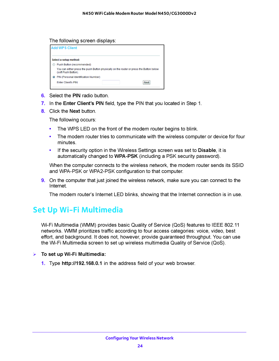 NETGEAR N450/CG3000Dv2 user manual Set Up Wi-Fi Multimedia,  To set up Wi-Fi Multimedia 