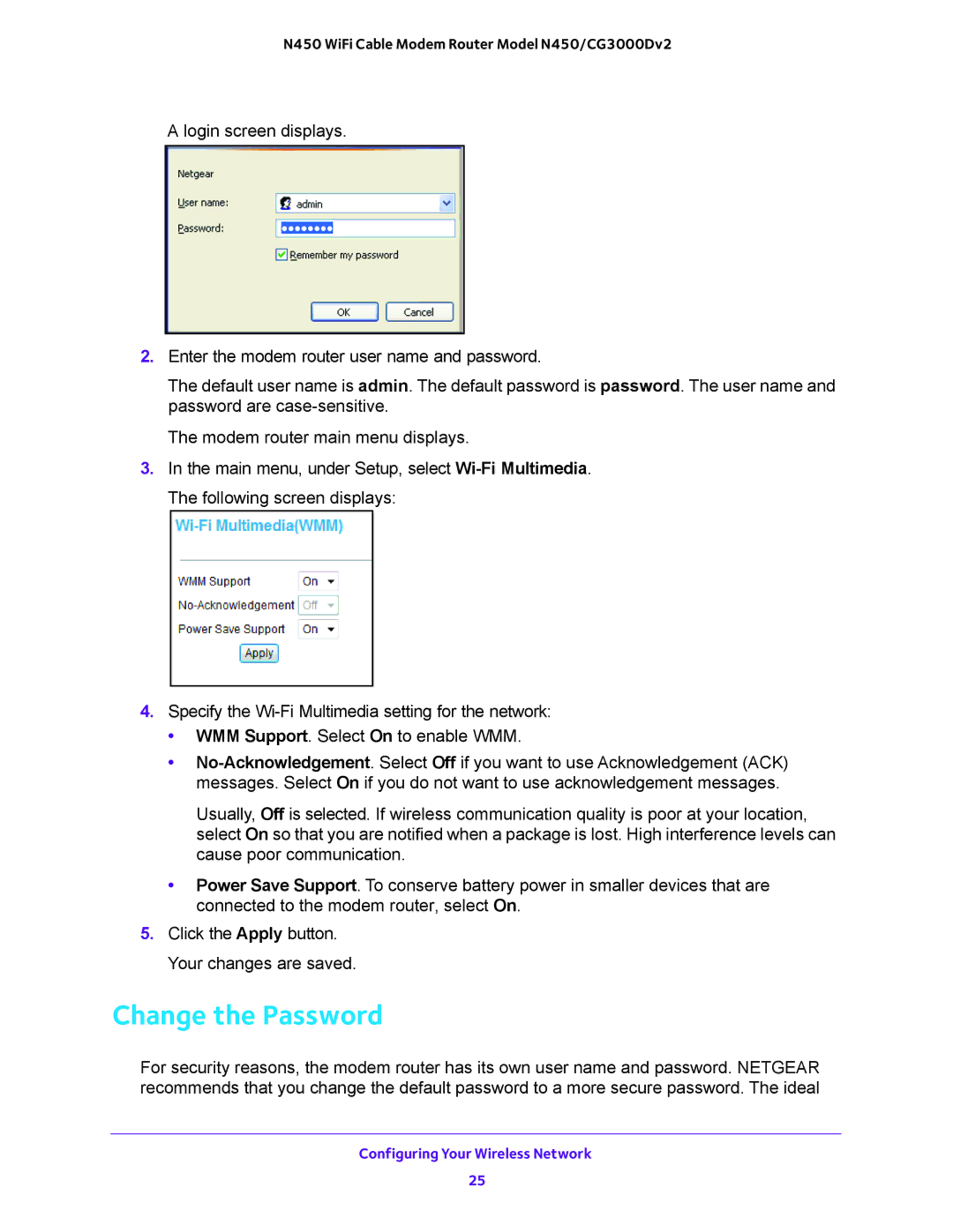 NETGEAR N450/CG3000Dv2 user manual Change the Password 