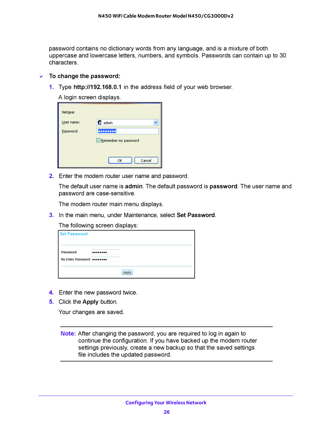 NETGEAR N450/CG3000Dv2 user manual  To change the password 