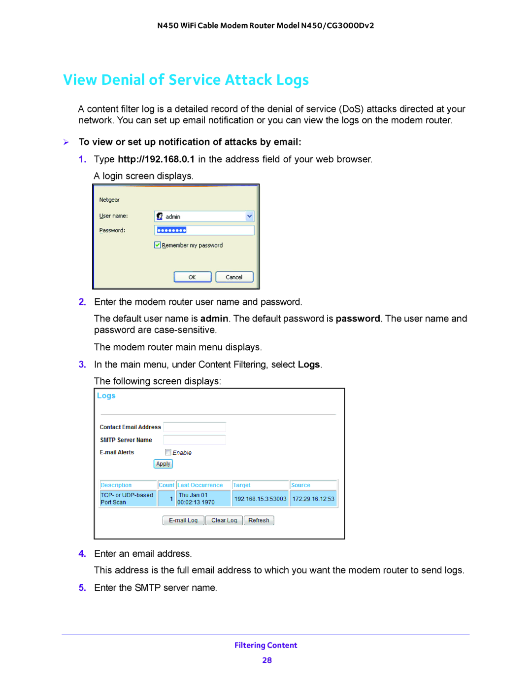 NETGEAR N450/CG3000Dv2 user manual View Denial of Service Attack Logs,  To view or set up notification of attacks by email 