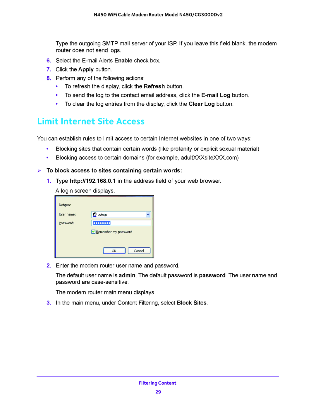 NETGEAR N450/CG3000Dv2 user manual Limit Internet Site Access,  To block access to sites containing certain words 