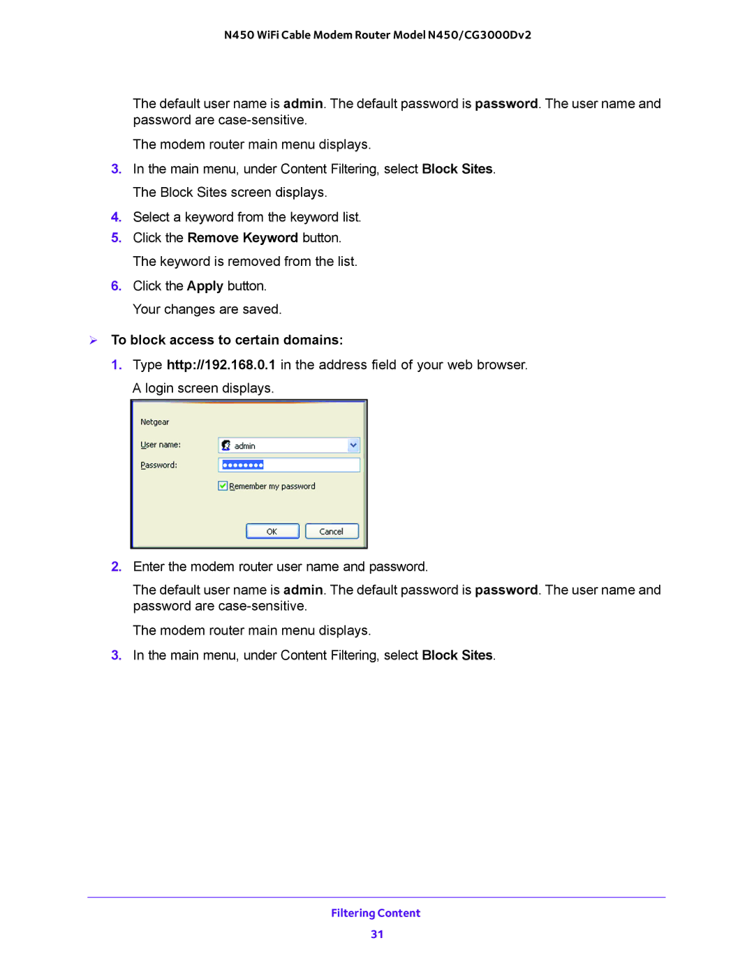 NETGEAR N450/CG3000Dv2 user manual  To block access to certain domains 