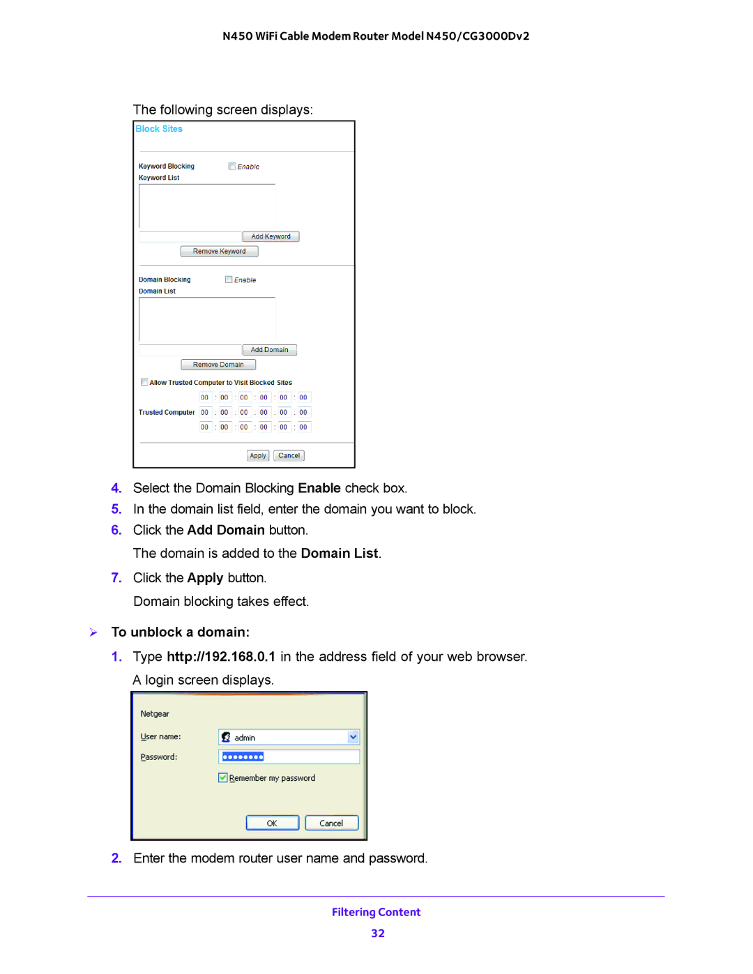 NETGEAR N450/CG3000Dv2 user manual  To unblock a domain 