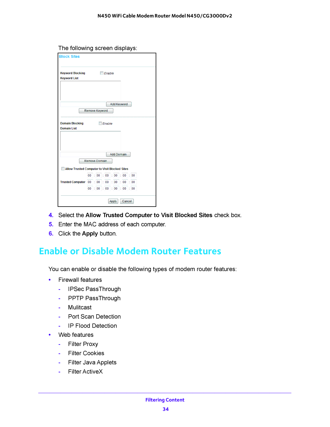 NETGEAR N450/CG3000Dv2 user manual Enable or Disable Modem Router Features 