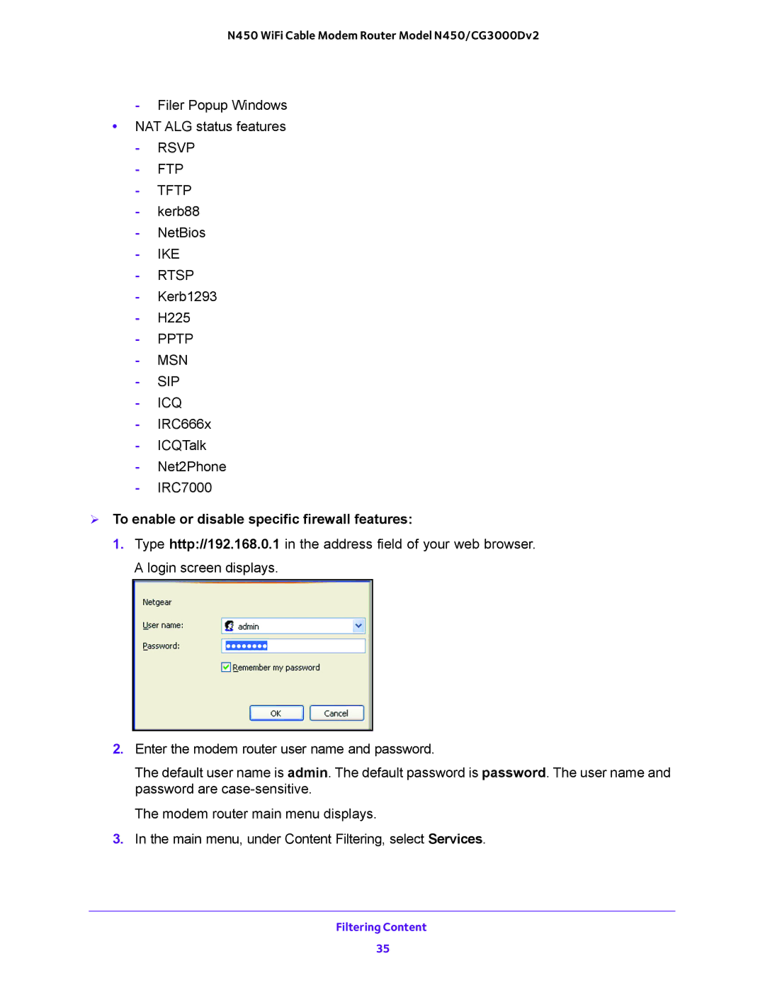 NETGEAR N450/CG3000Dv2 user manual  To enable or disable specific firewall features 