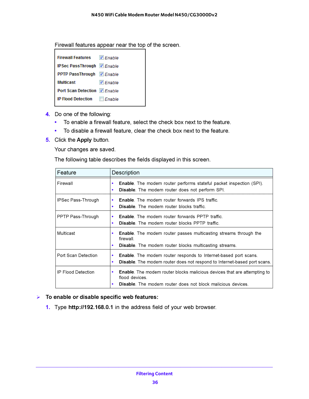 NETGEAR N450/CG3000Dv2 user manual  To enable or disable specific web features 