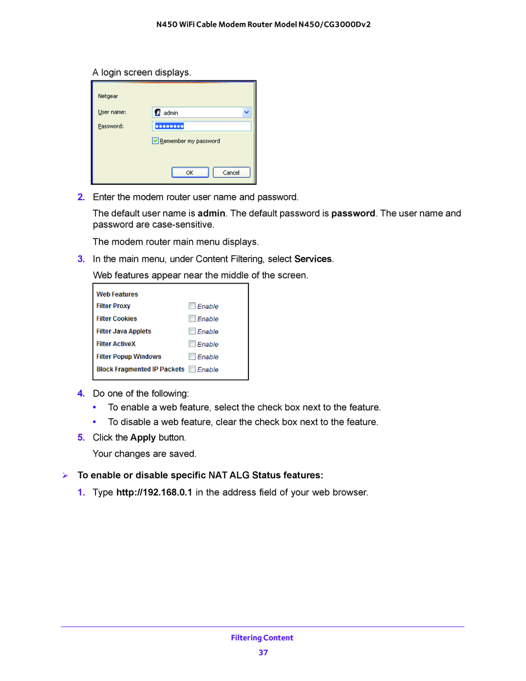 NETGEAR N450/CG3000Dv2 user manual  To enable or disable specific NAT ALG Status features 