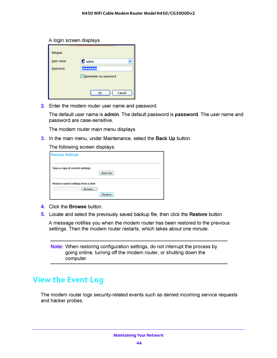 NETGEAR N450/CG3000Dv2 user manual View the Event Log 