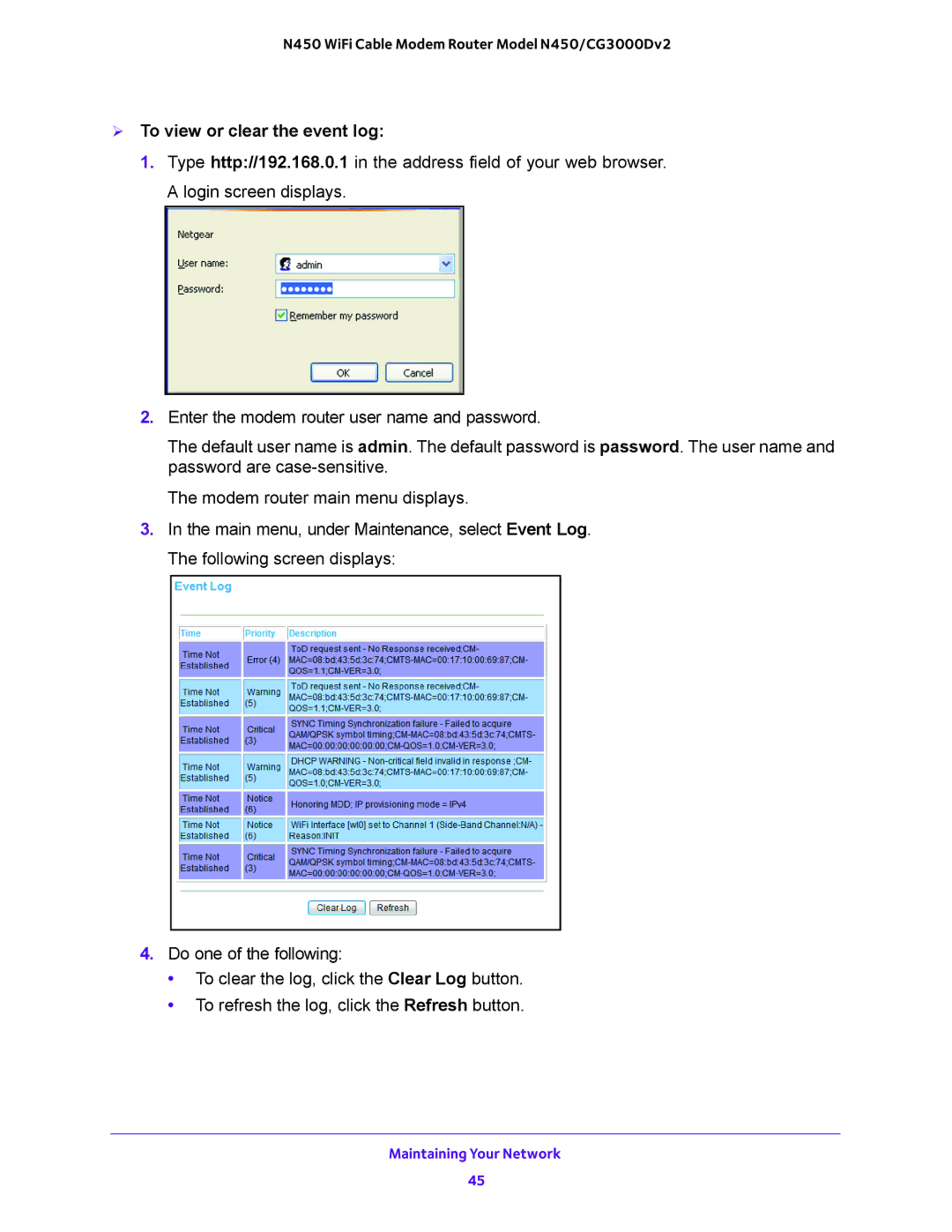 NETGEAR N450/CG3000Dv2 user manual  To view or clear the event log 