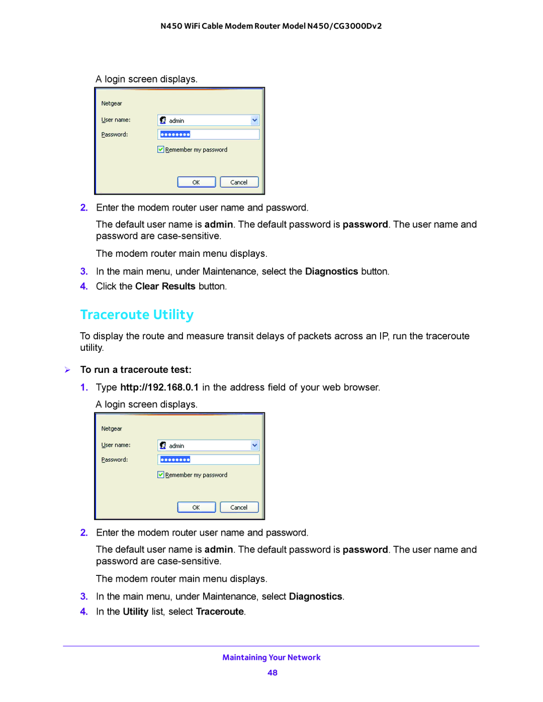 NETGEAR N450/CG3000Dv2 user manual Traceroute Utility,  To run a traceroute test 