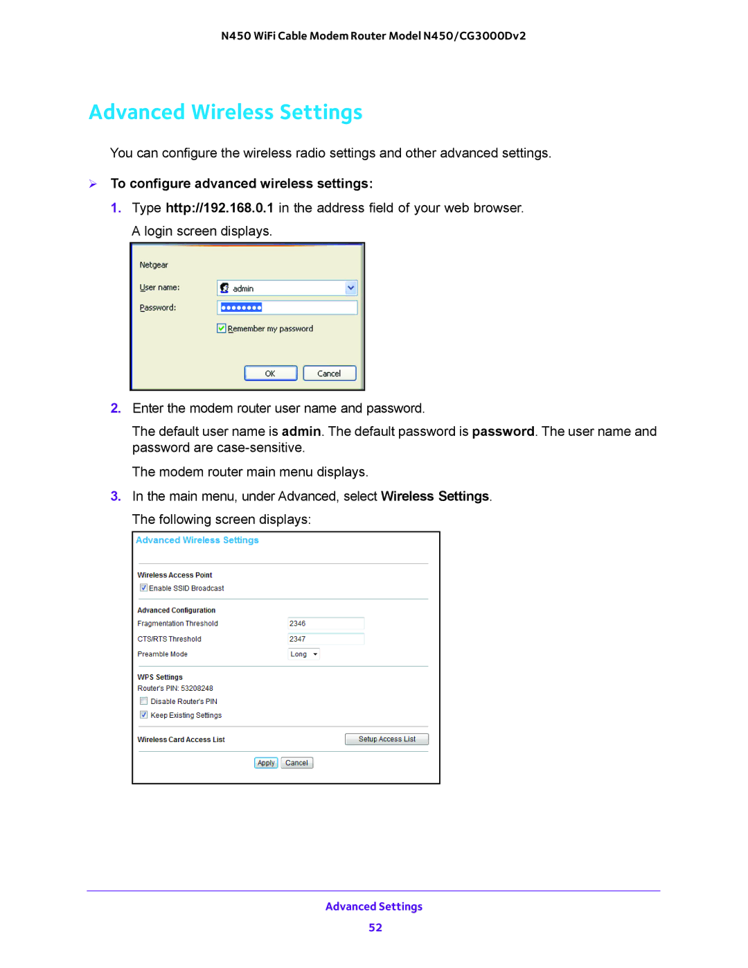 NETGEAR N450/CG3000Dv2 user manual Advanced Wireless Settings,  To configure advanced wireless settings 