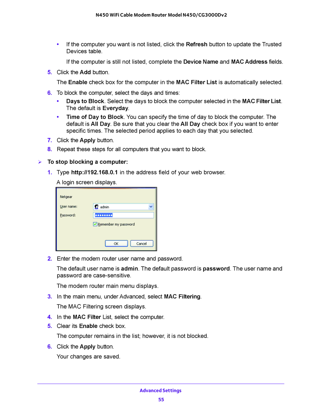 NETGEAR N450/CG3000Dv2 user manual  To stop blocking a computer 