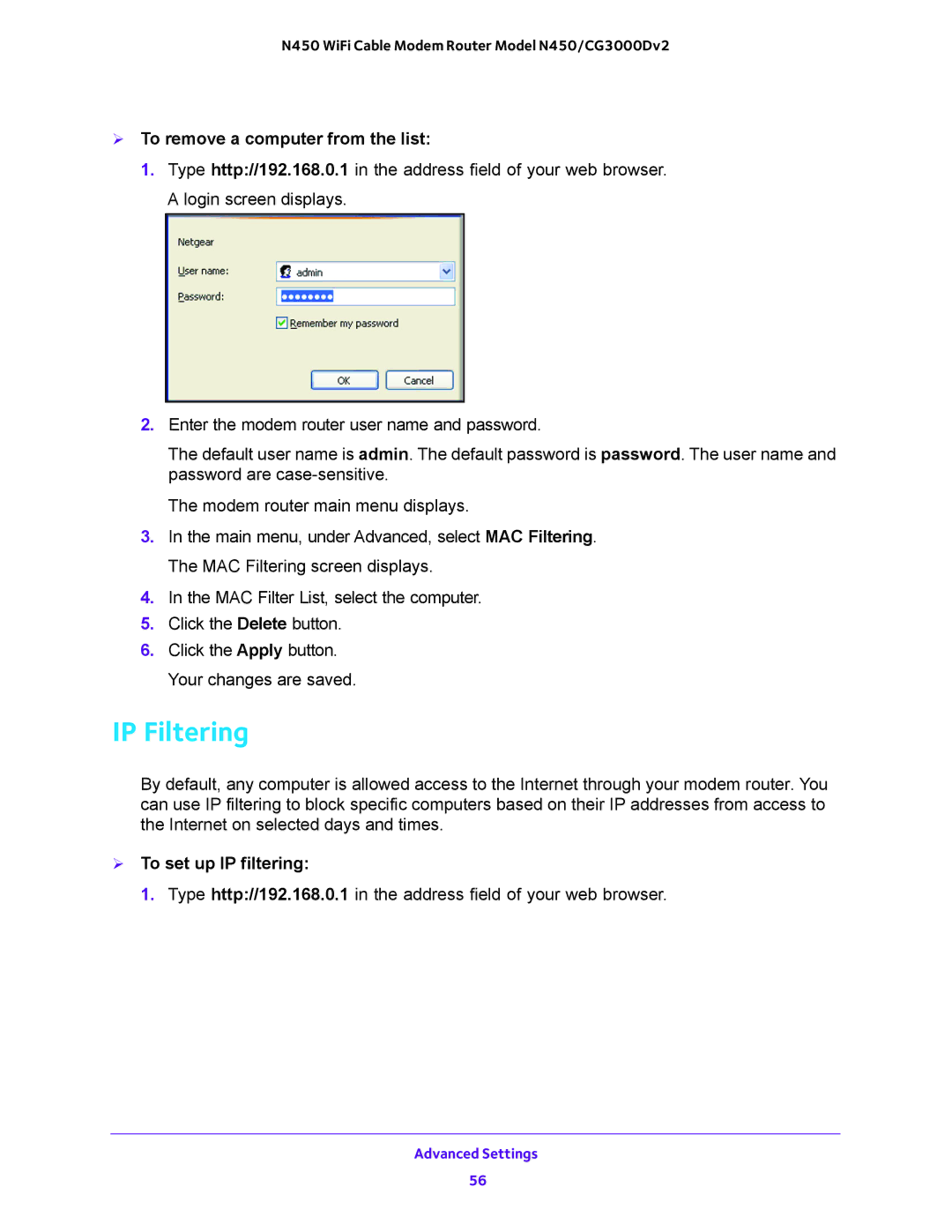 NETGEAR N450/CG3000Dv2 user manual IP Filtering,  To remove a computer from the list,  To set up IP filtering 