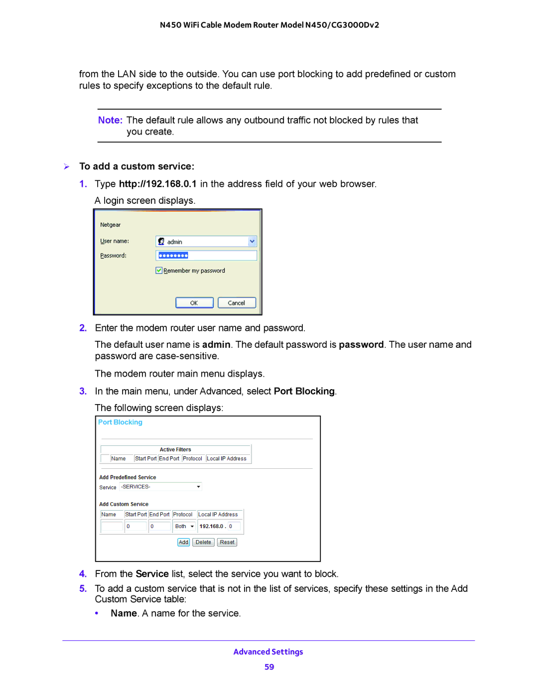 NETGEAR N450/CG3000Dv2 user manual  To add a custom service 