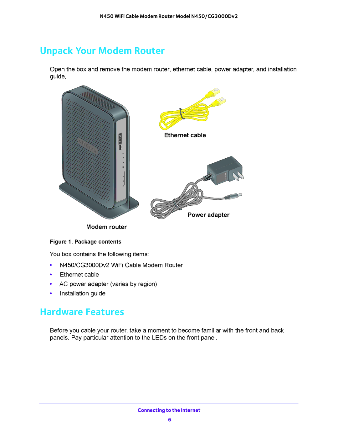 NETGEAR N450/CG3000Dv2 user manual Unpack Your Modem Router, Hardware Features, Ethernet cable Power adapter Modem router 