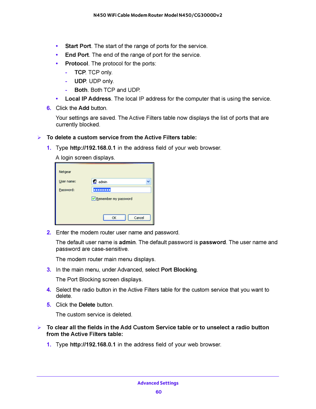 NETGEAR N450/CG3000Dv2 user manual  To delete a custom service from the Active Filters table 