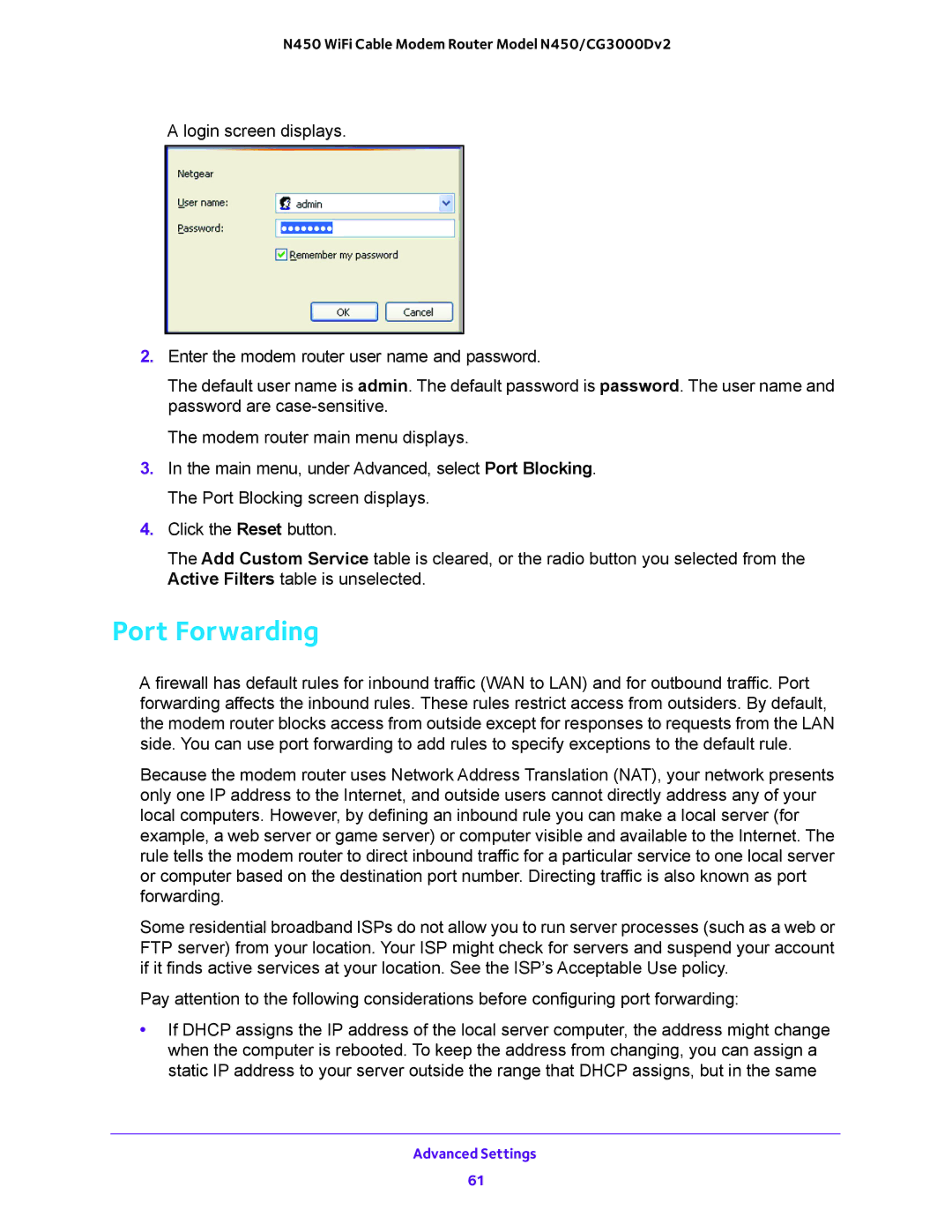 NETGEAR N450/CG3000Dv2 user manual Port Forwarding 