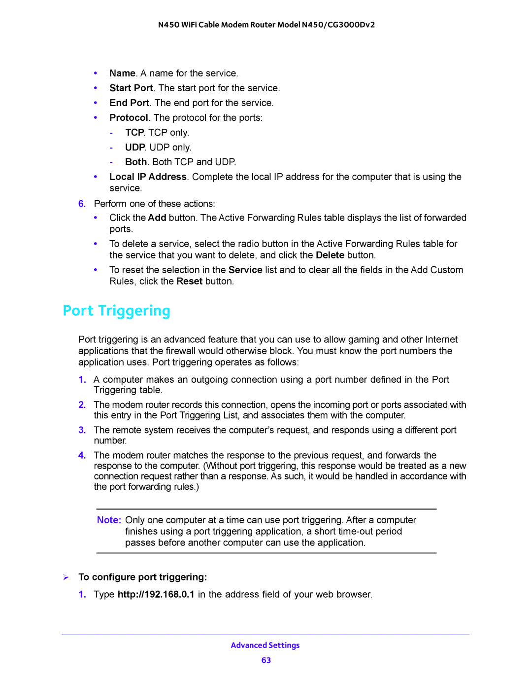 NETGEAR N450/CG3000Dv2 user manual Port Triggering,  To configure port triggering 