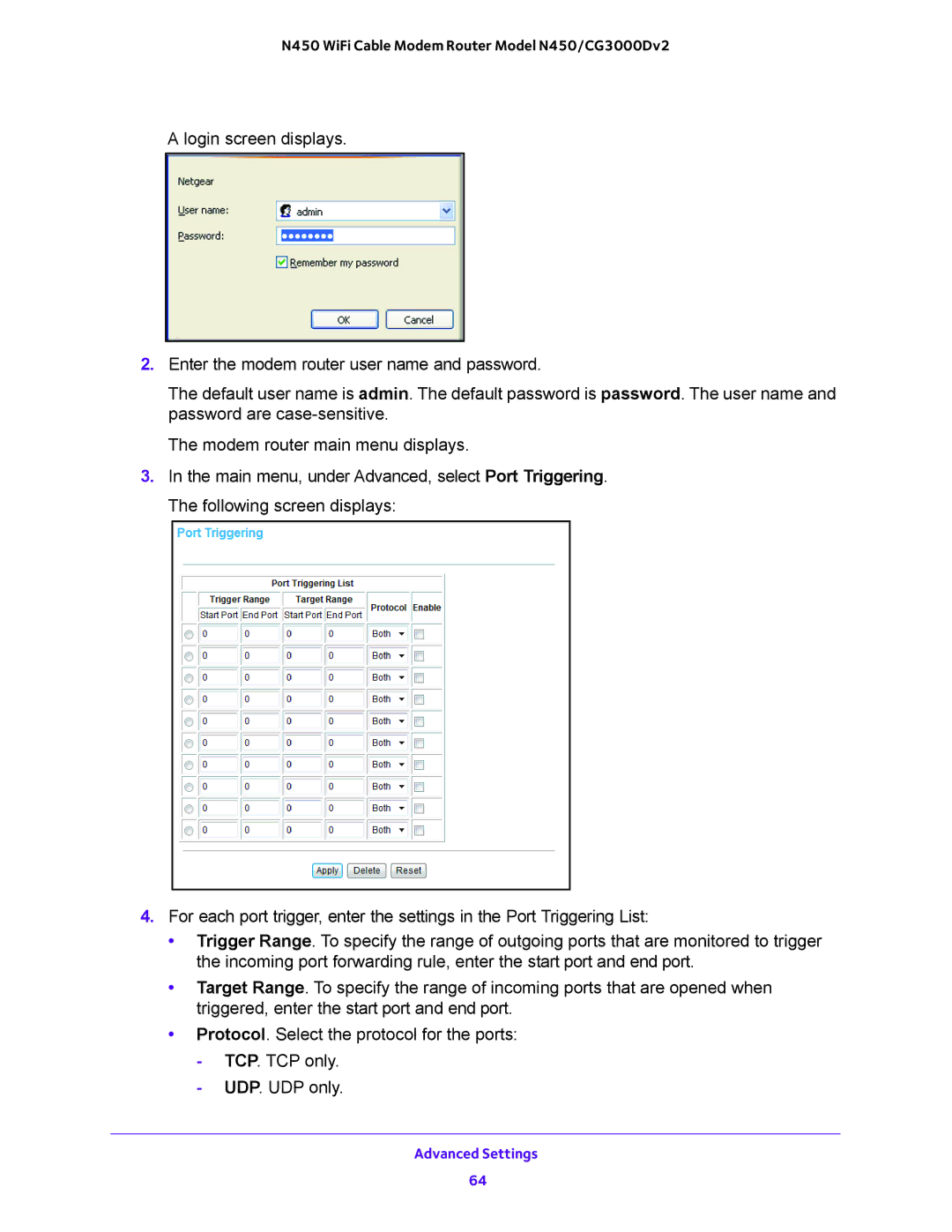 NETGEAR N450/CG3000Dv2 user manual Advanced Settings 