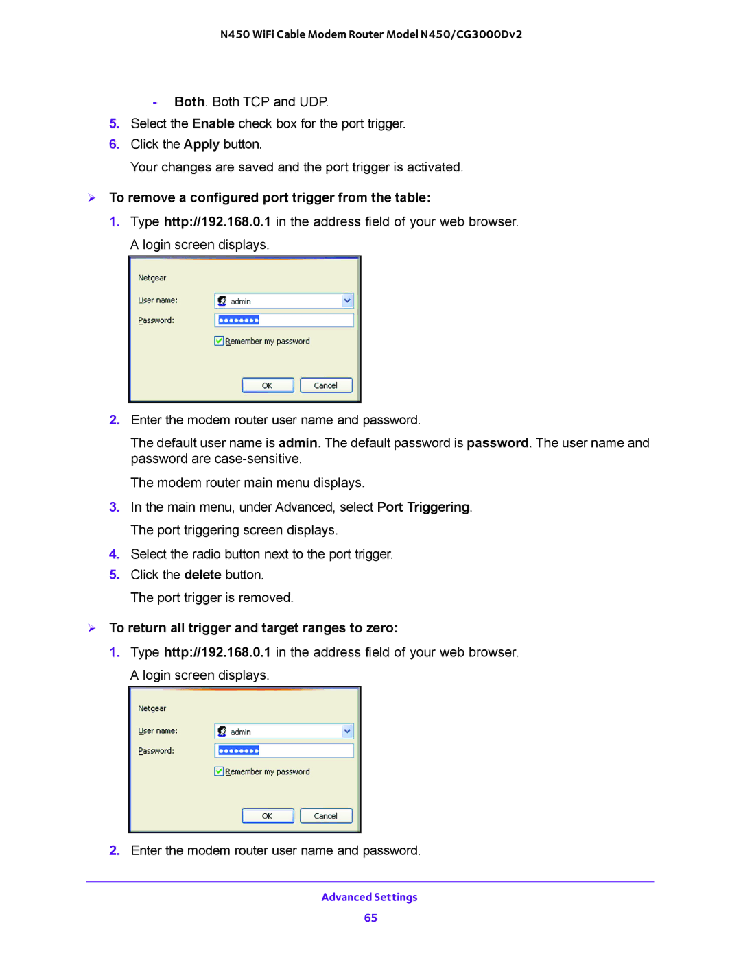 NETGEAR N450/CG3000Dv2 user manual  To remove a configured port trigger from the table 