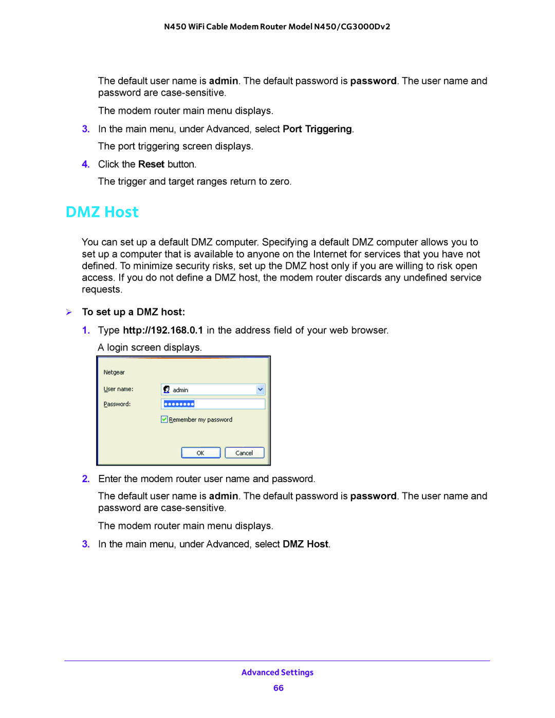 NETGEAR N450/CG3000Dv2 user manual DMZ Host,  To set up a DMZ host 