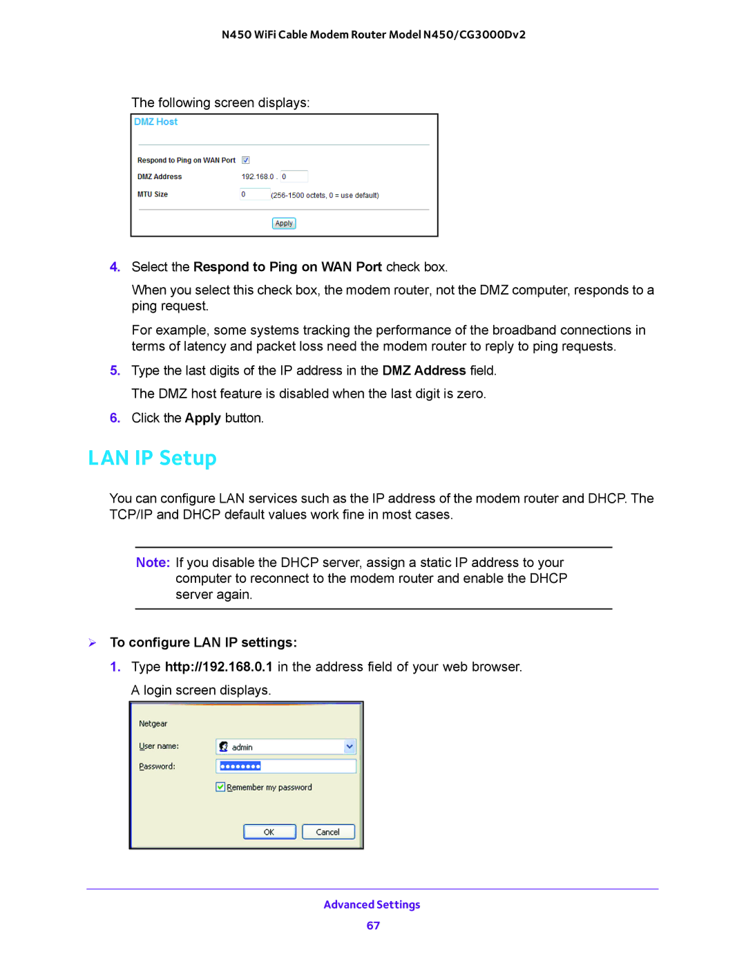 NETGEAR N450/CG3000Dv2 LAN IP Setup, Select the Respond to Ping on WAN Port check box,  To configure LAN IP settings 