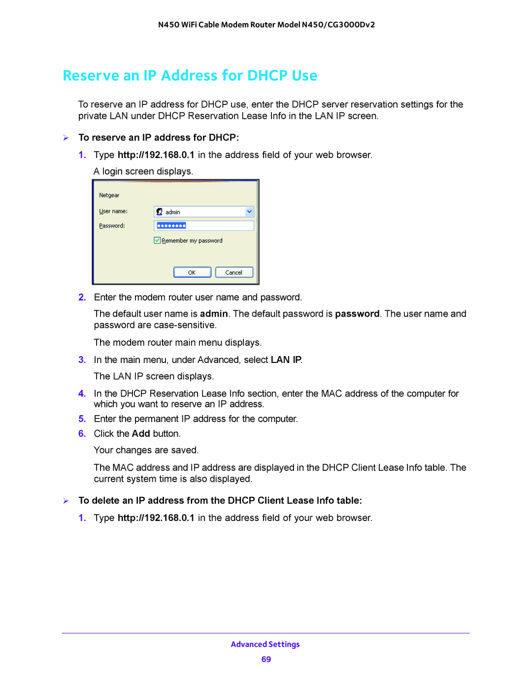 NETGEAR N450/CG3000Dv2 user manual Reserve an IP Address for Dhcp Use,  To reserve an IP address for Dhcp 