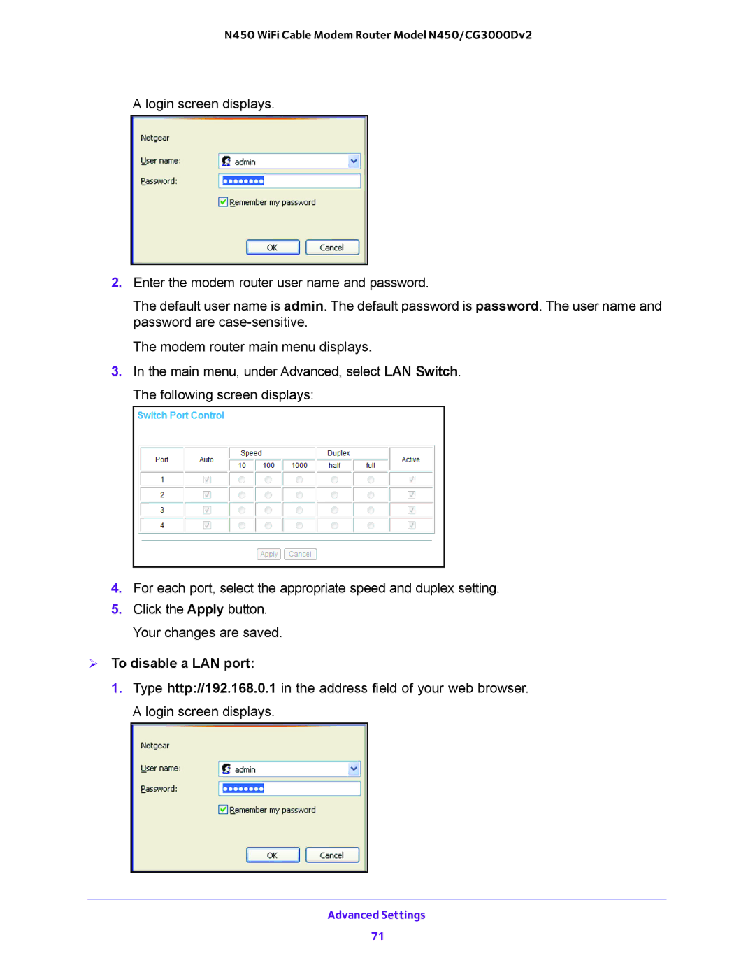 NETGEAR N450/CG3000Dv2 user manual  To disable a LAN port 