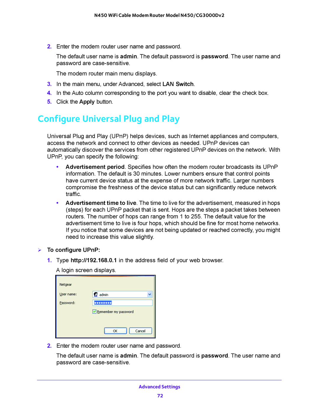 NETGEAR N450/CG3000Dv2 user manual Configure Universal Plug and Play,  To configure UPnP 