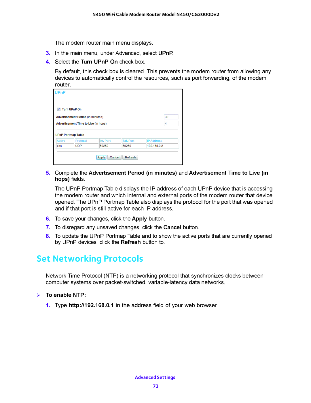 NETGEAR N450/CG3000Dv2 user manual Set Networking Protocols,  To enable NTP 