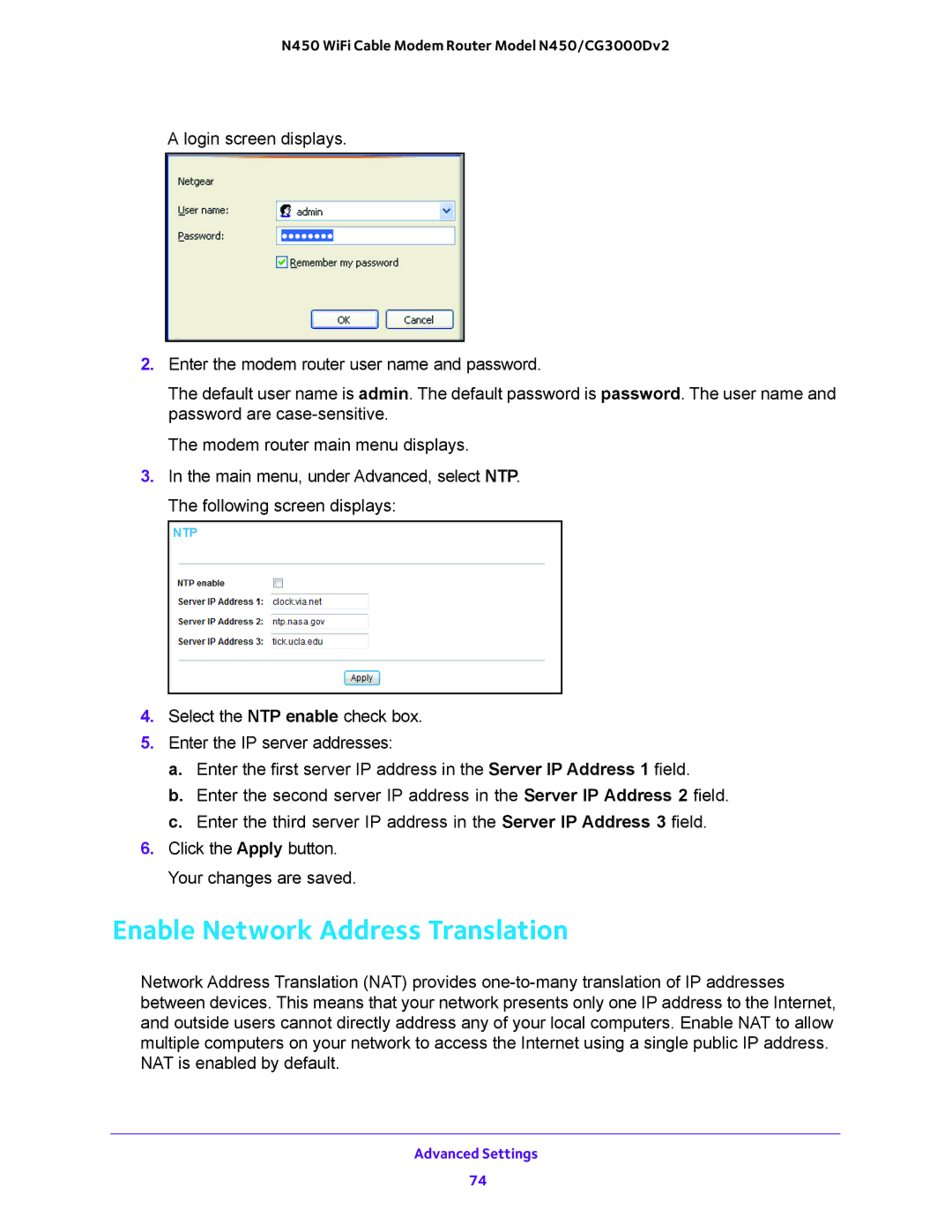 NETGEAR N450/CG3000Dv2 user manual Enable Network Address Translation 