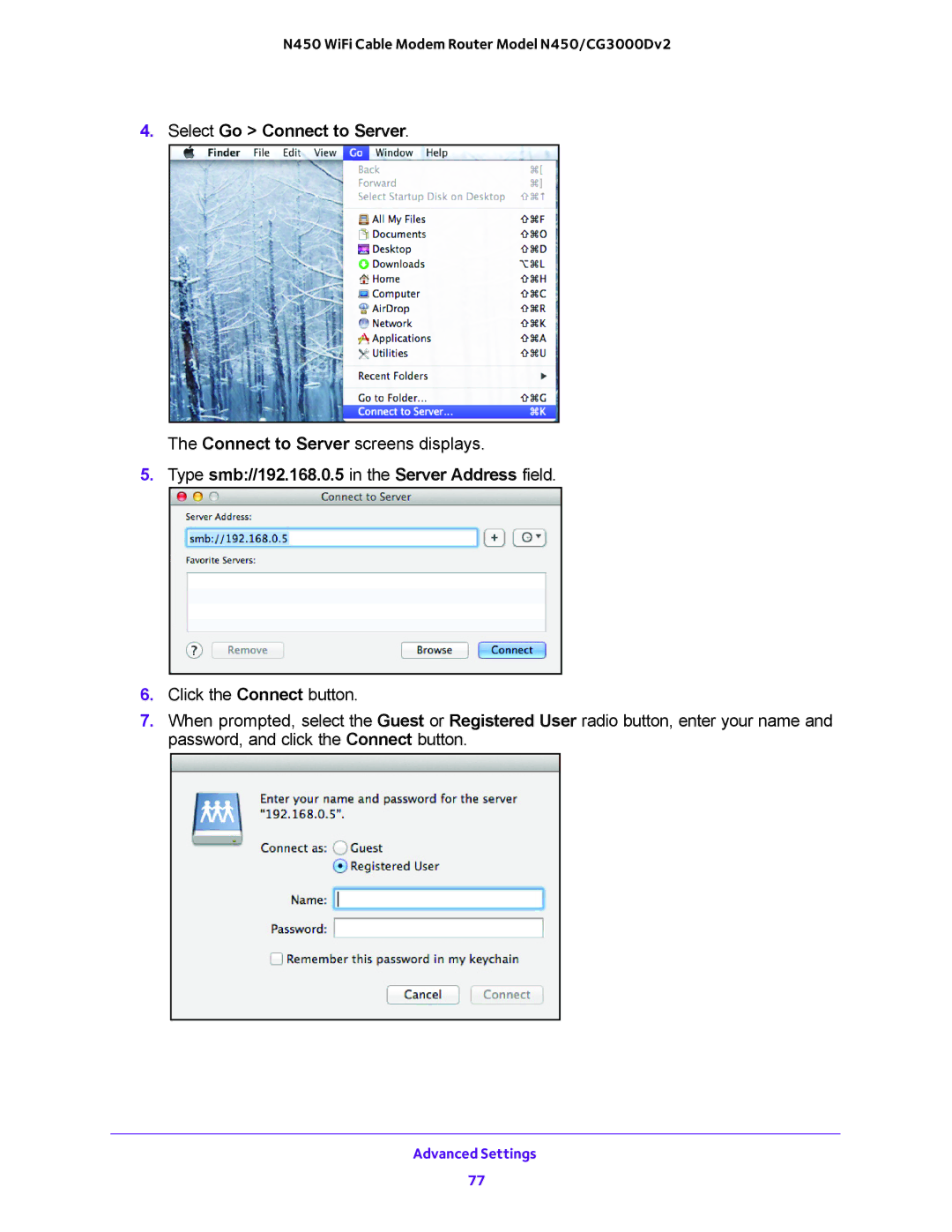 NETGEAR N450/CG3000Dv2 user manual Select Go Connect to Server, Type smb//192.168.0.5 in the Server Address field 