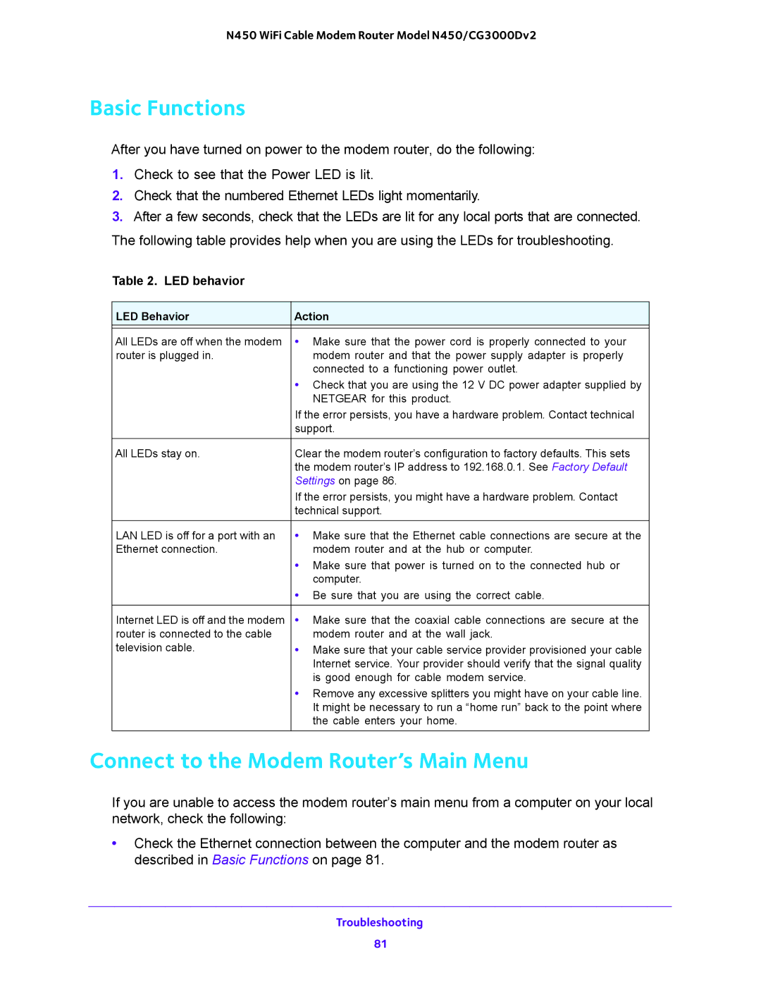 NETGEAR N450/CG3000Dv2 user manual Basic Functions, Connect to the Modem Router’s Main Menu 