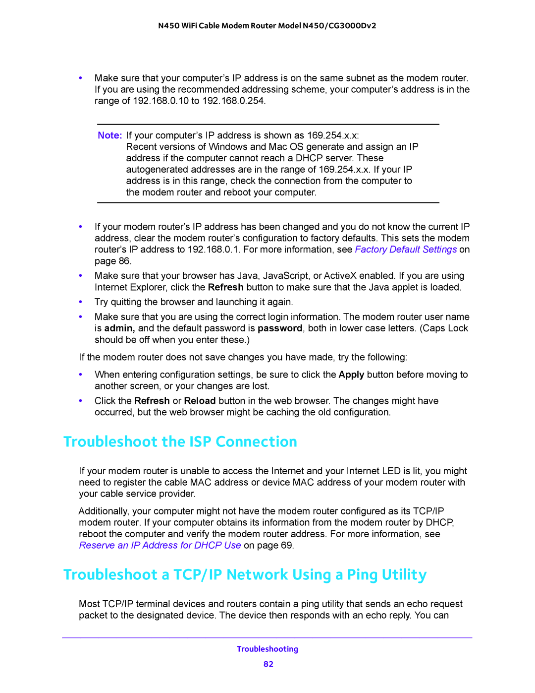 NETGEAR N450/CG3000Dv2 user manual Troubleshoot the ISP Connection, Troubleshoot a TCP/IP Network Using a Ping Utility 