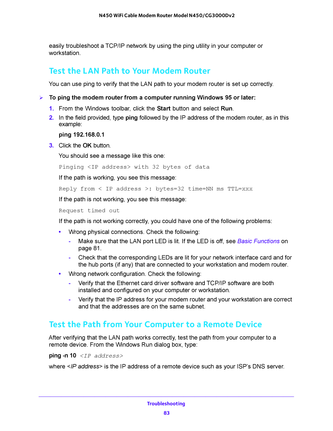 NETGEAR N450/CG3000Dv2 user manual Test the LAN Path to Your Modem Router, Ping 