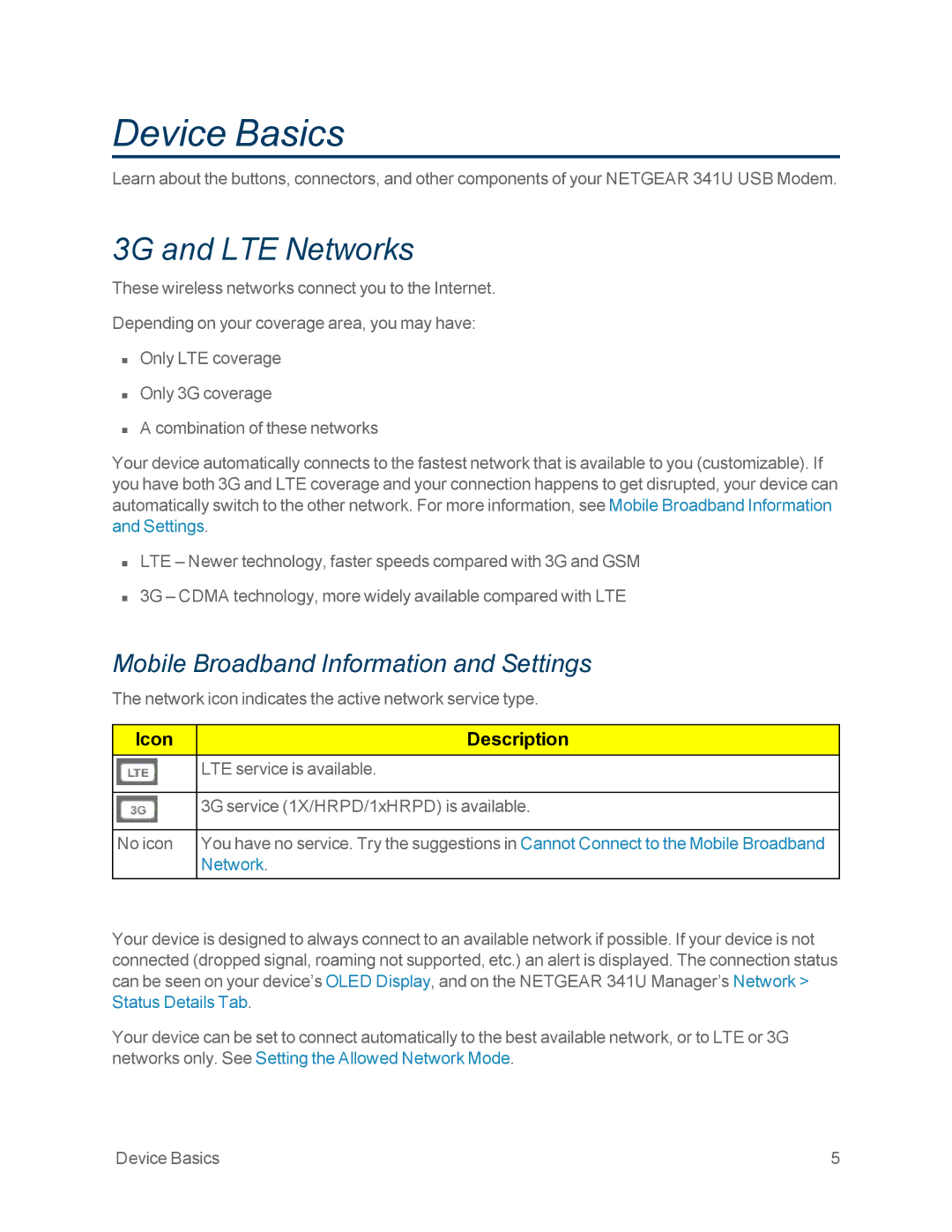 NETGEAR NETGEAR 341U manual Device Basics, 3G and LTE Networks, Mobile Broadband Information and Settings 