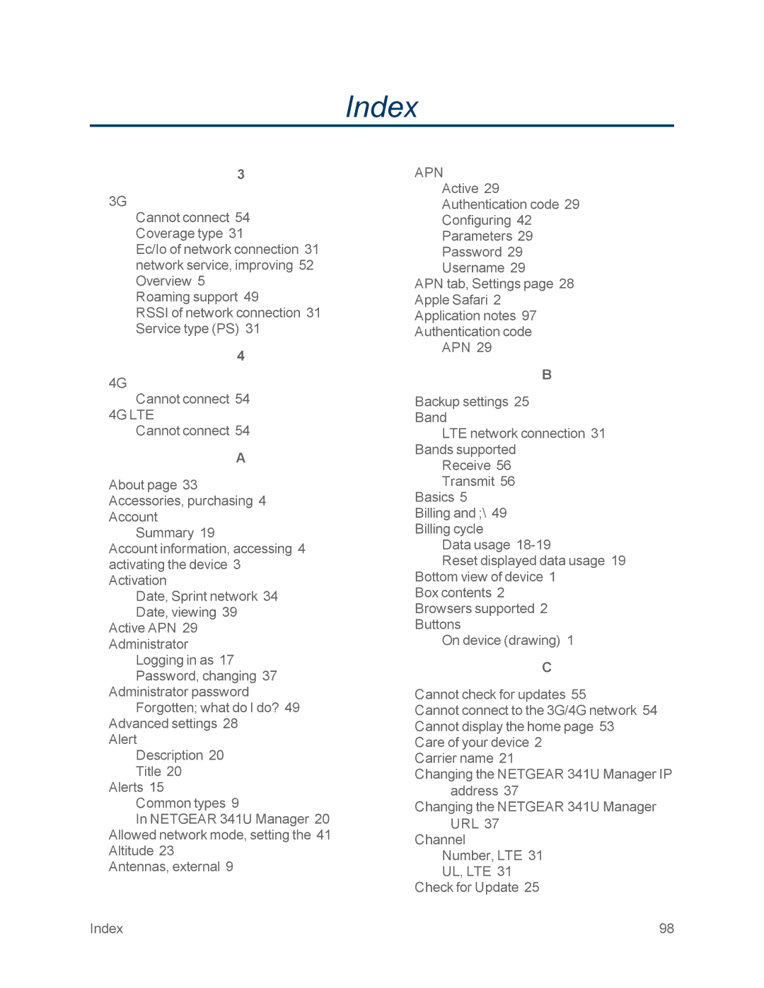 NETGEAR NETGEAR 341U manual Index, Apn 