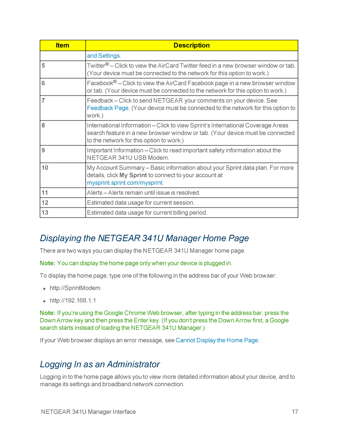 NETGEAR NETGEAR 341U manual Displaying the Netgear 341U Manager Home, Logging In as an Administrator 