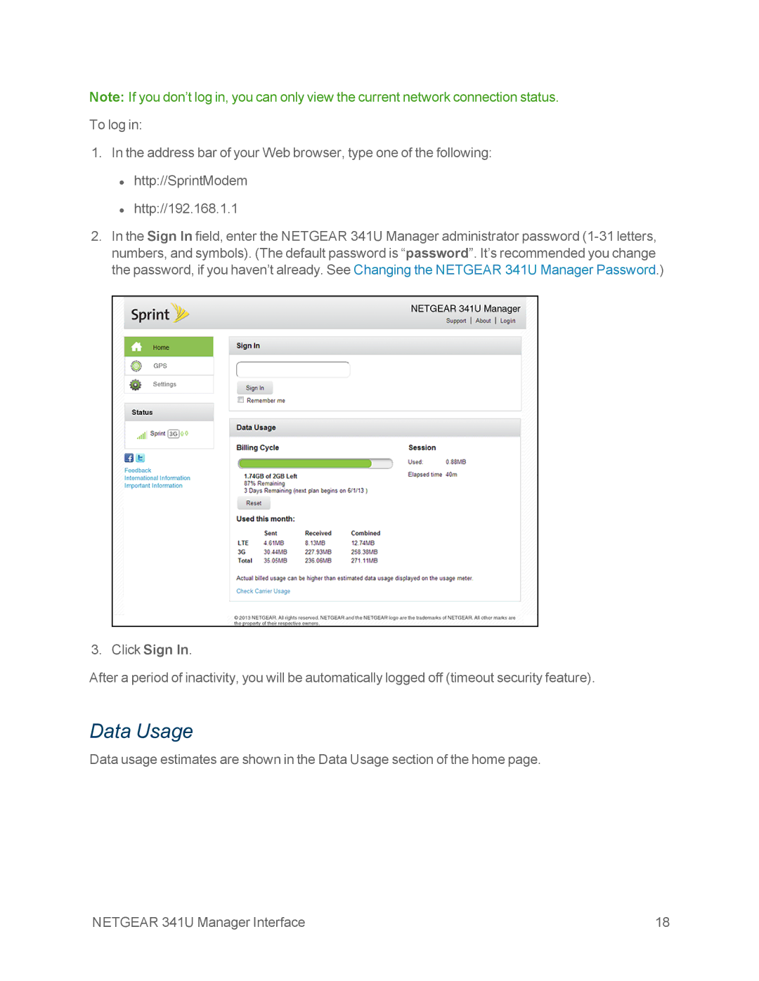 NETGEAR NETGEAR 341U manual Data Usage 